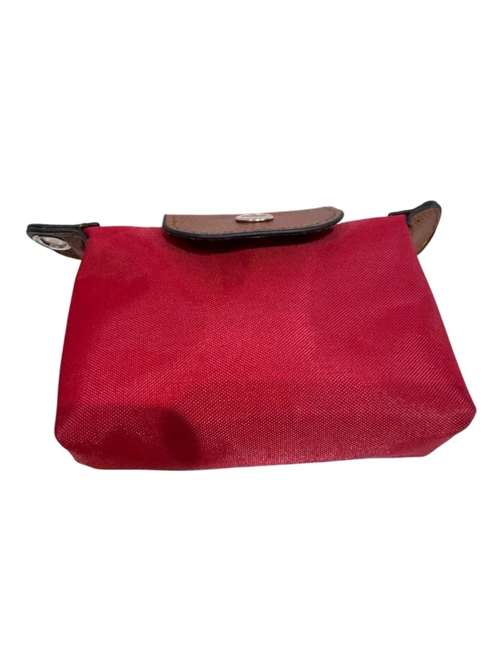 Longchamp Mini Style Canvas Red Women's Pouch Brown Leather Trim Flower Charm
